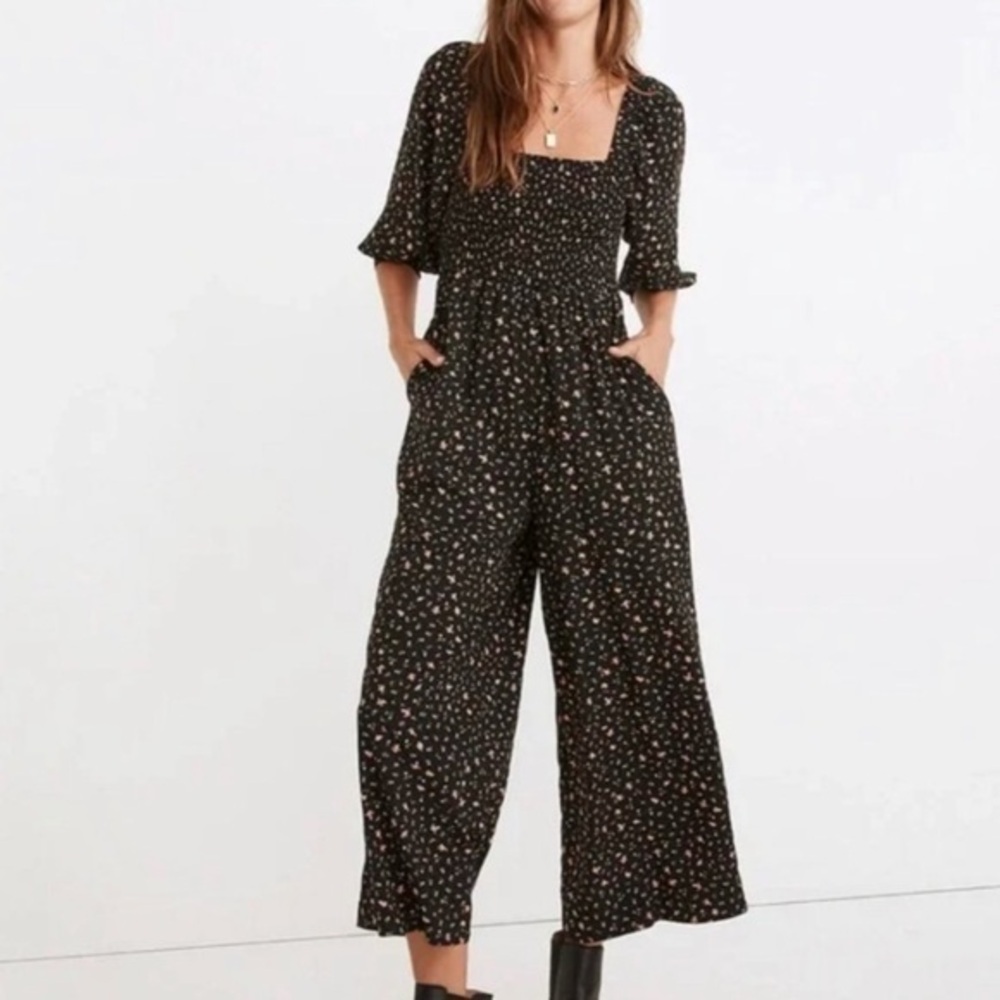 Madewell Lucie Elbow-Sleeve Smocked Wide-Leg Jumpsuit Black Floral size 6.